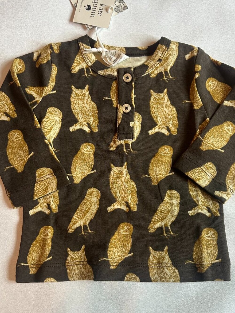 NWT Kate Quinn Owl Shirt 3-6M 6-12M Organic Cotton Long Sleeve Henley Baby Brown